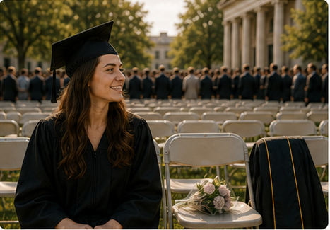 Graduation moment with the graduate already present and an open chair beside her